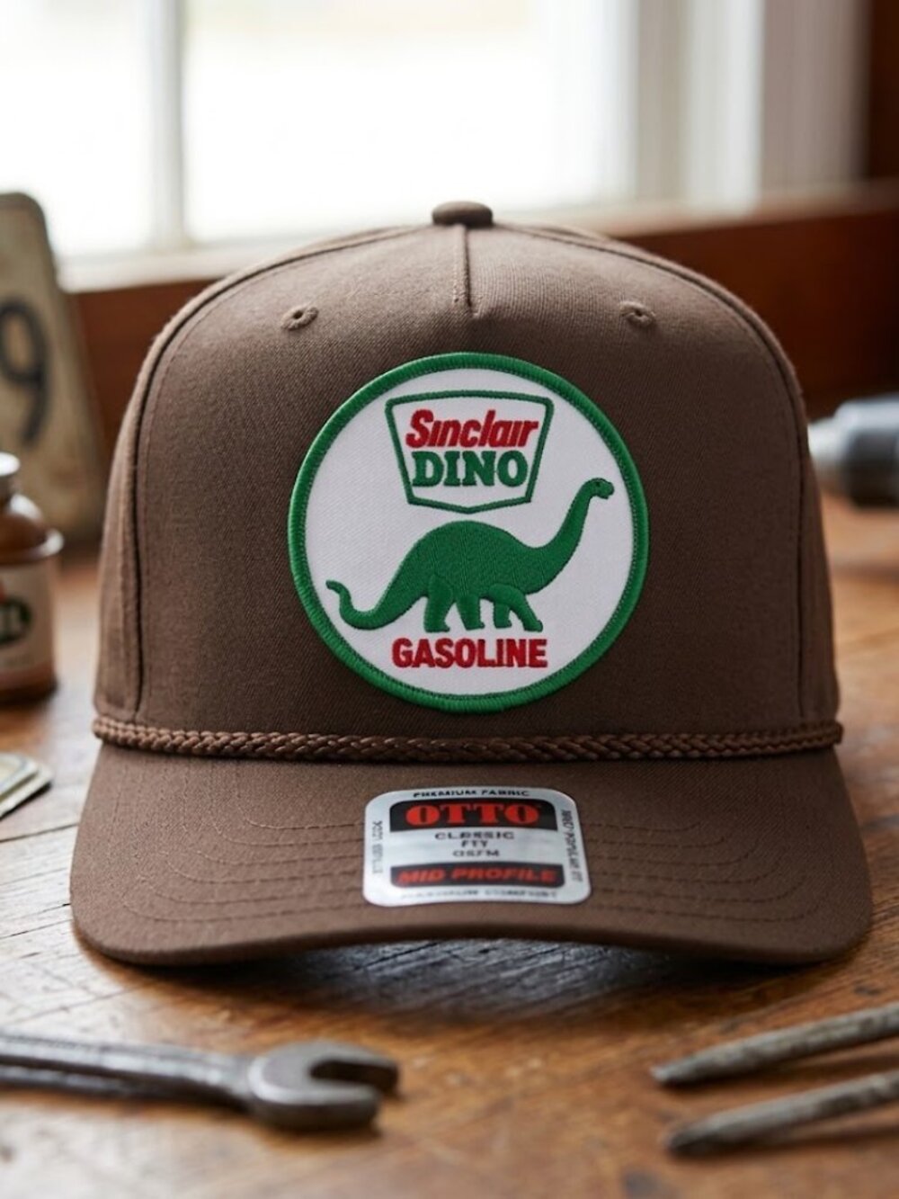 Retro Sinclair Dino Gas Hat Brown Patch OTTO Mid Profile Rope Snapback Cap USA
